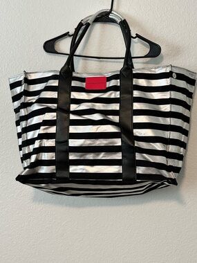 Victoria's Secret Black & Silver Striped Tote with Pink Logo Patch
